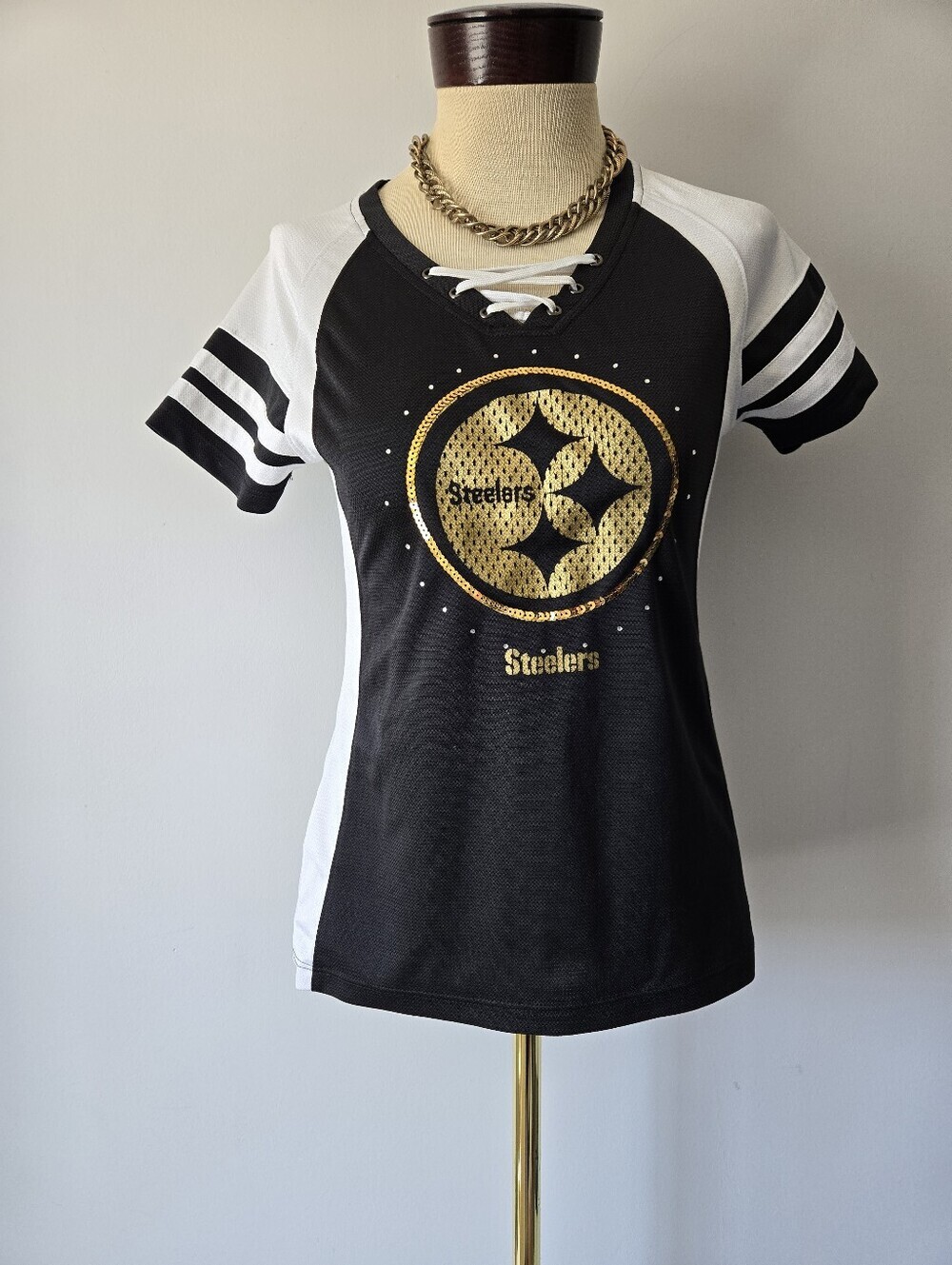 Majestic NFL Black, White & Gold Lace-Up Steelers Jersey Top. Size Small
